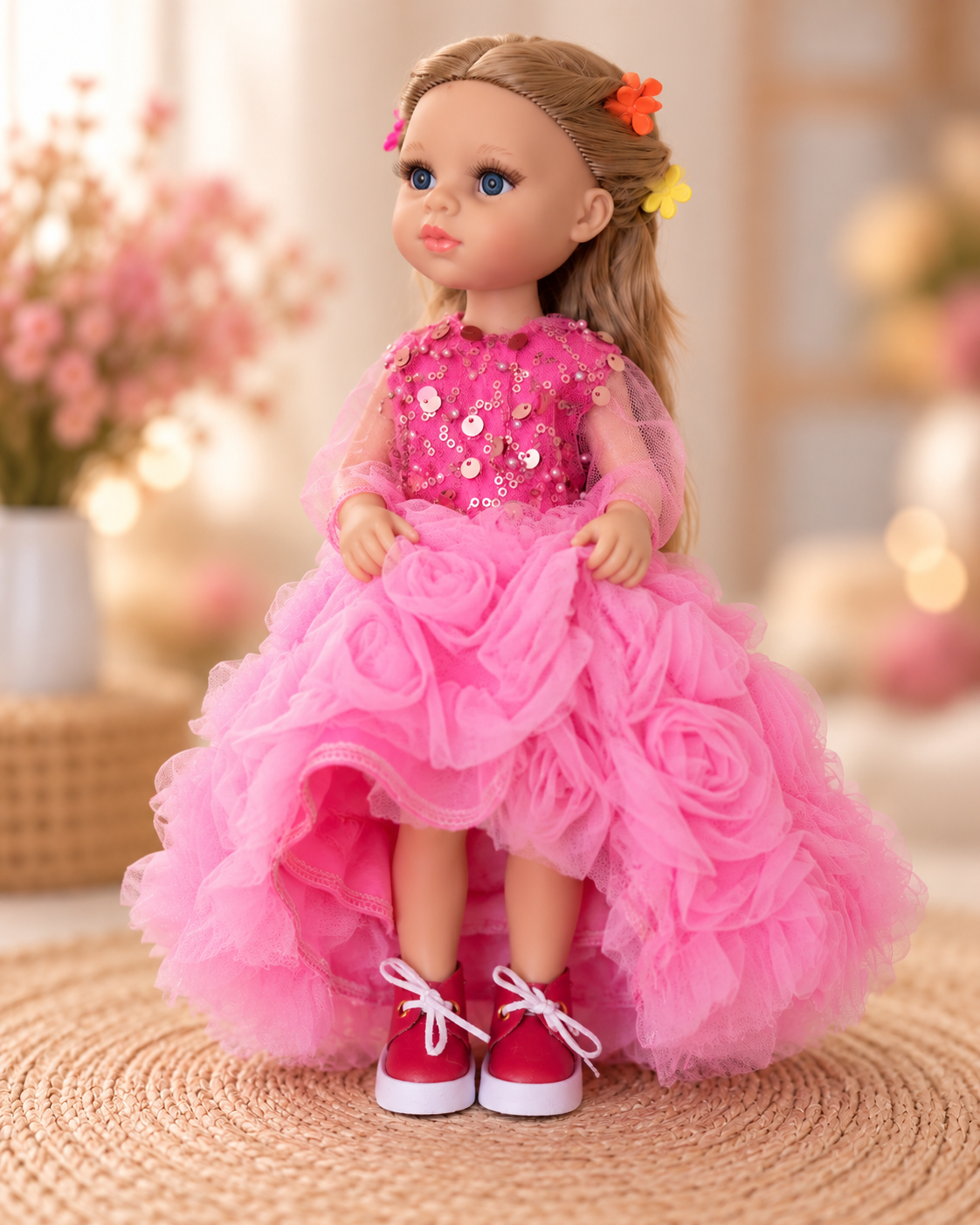 Rochie roz amplă cu trandafiri pentru păpușa Paola Reina 32 cm