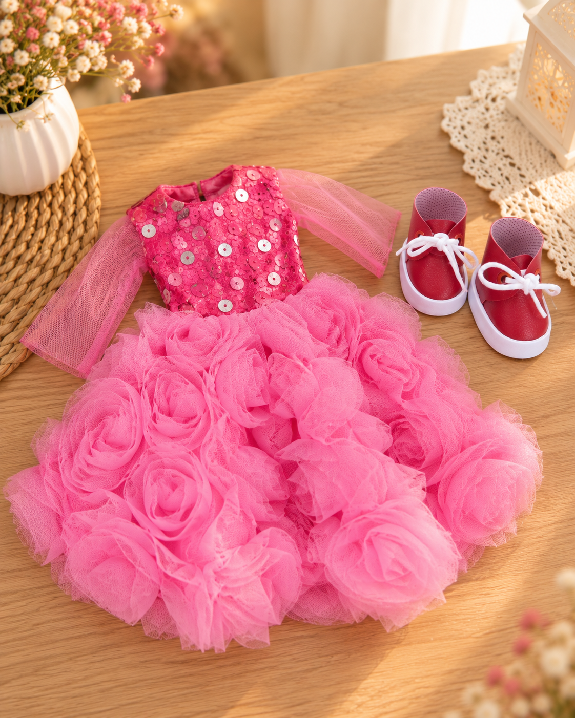 Rochie roz amplă cu trandafiri pentru păpușa Paola Reina 32 cm