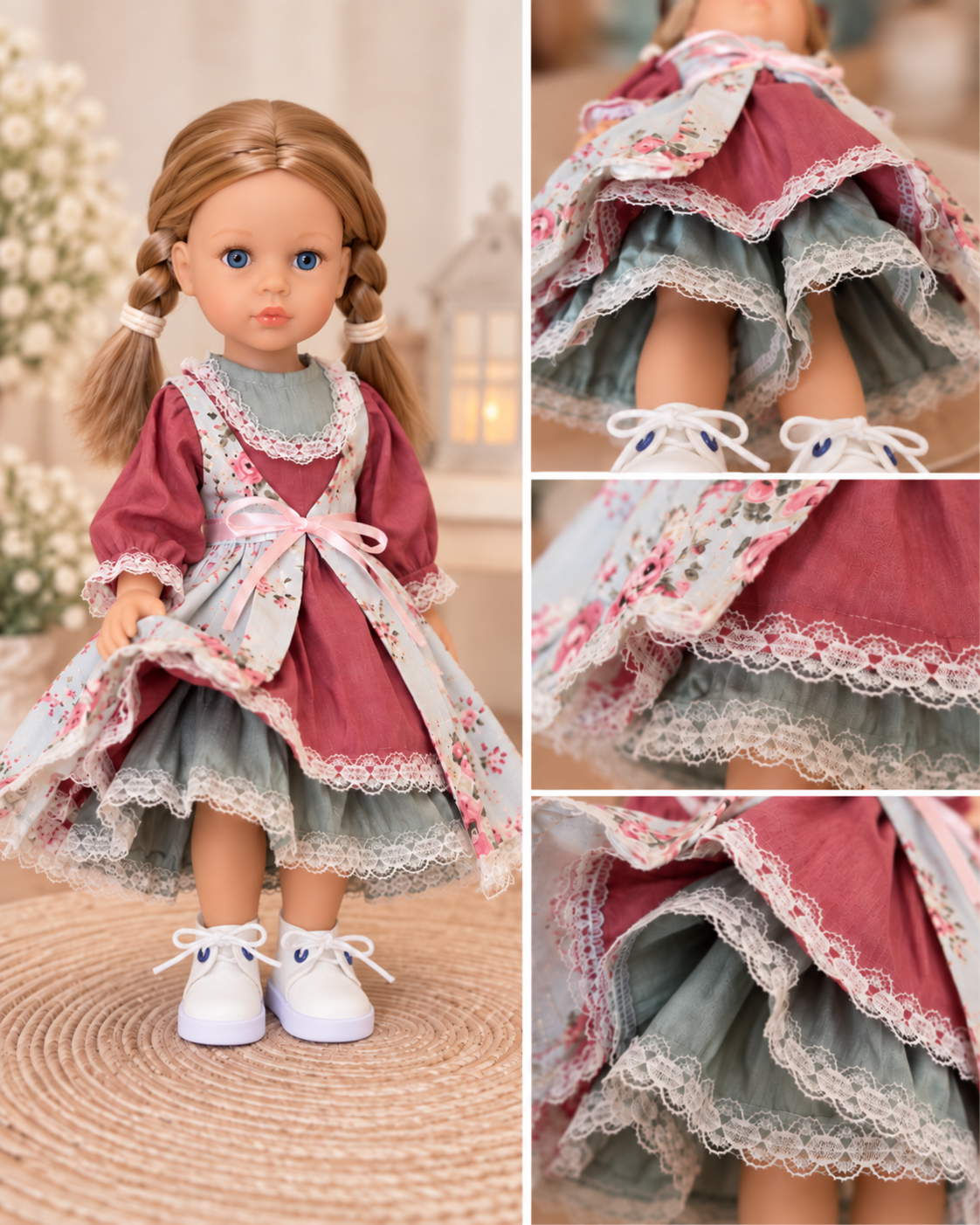 Set vintage pentru păpușa Paola Reina 32 cm — rochie cu șorț floral