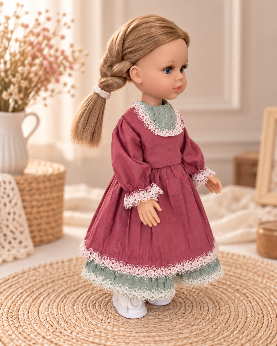 Set vintage pentru păpușa Paola Reina 32 cm — rochie cu șorț floral