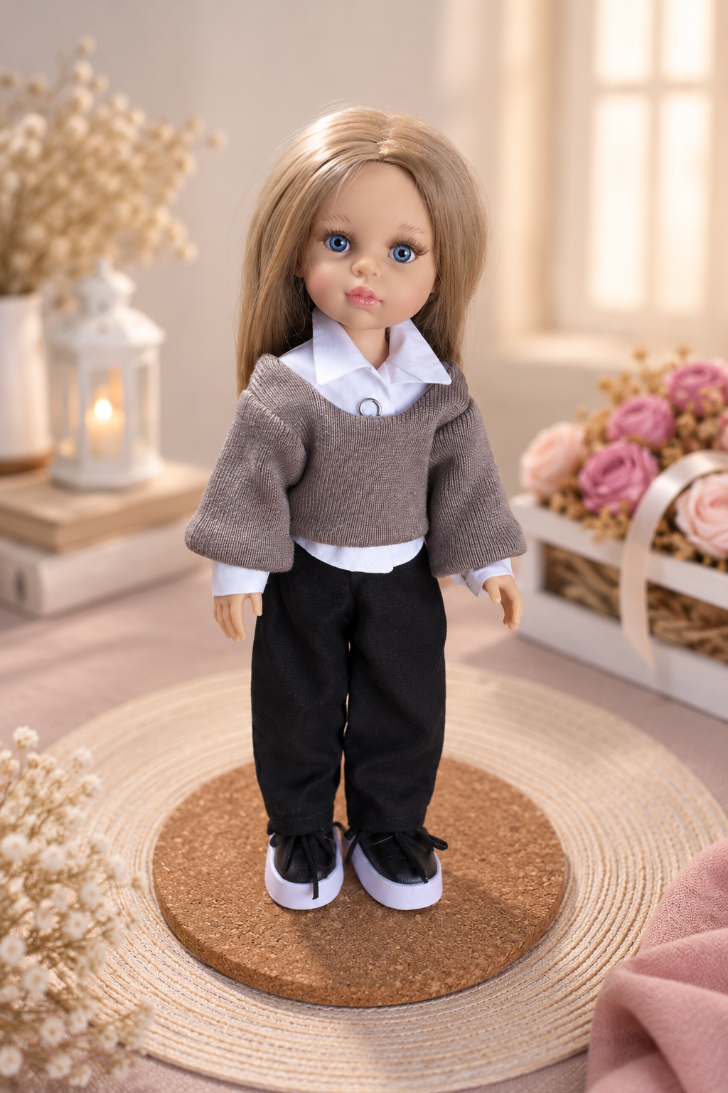 Handmade Doll Outfit for Paola Reina 32 cm — Sweater, Blouse & Black Pants