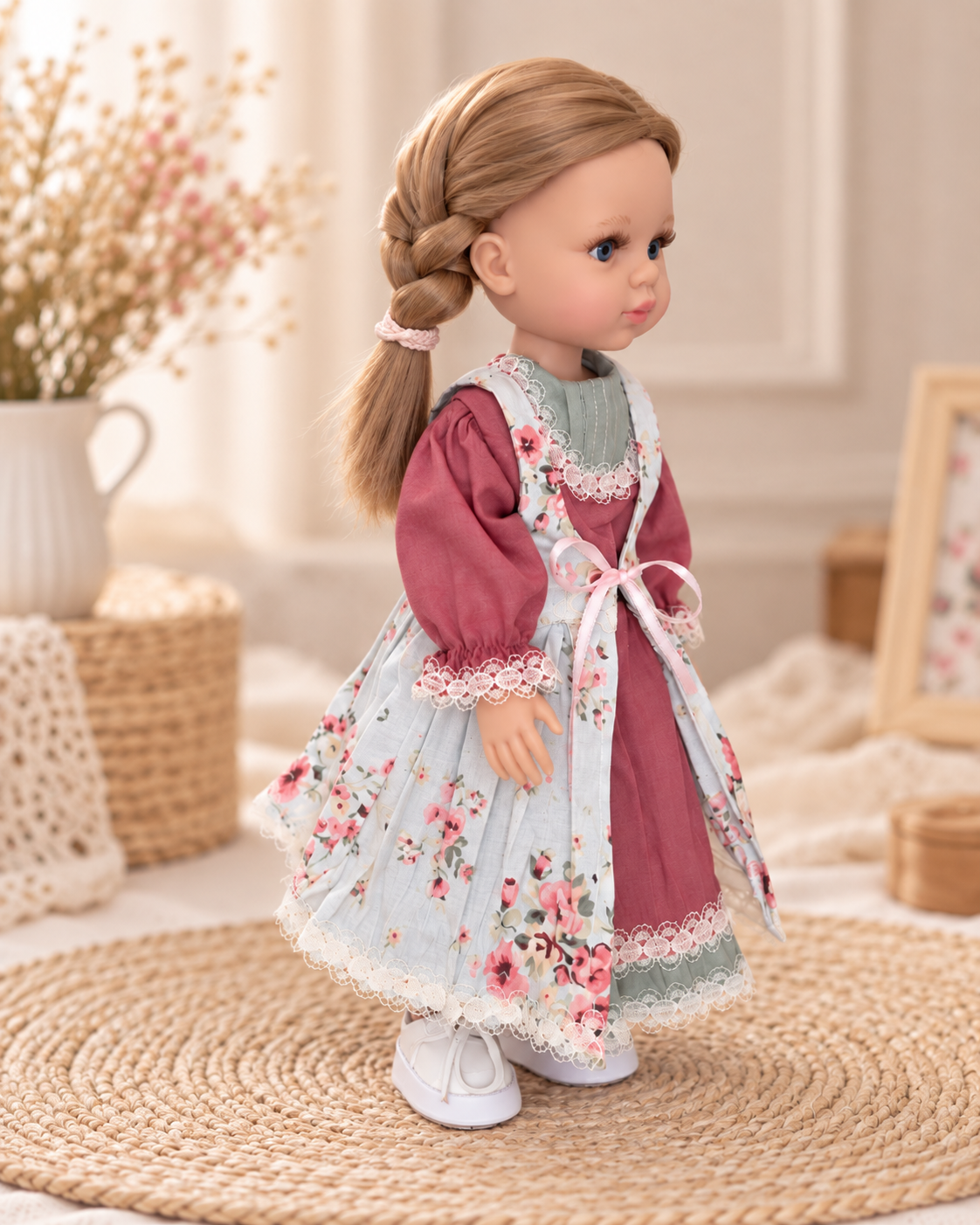 Set vintage pentru păpușa Paola Reina 32 cm — rochie cu șorț floral