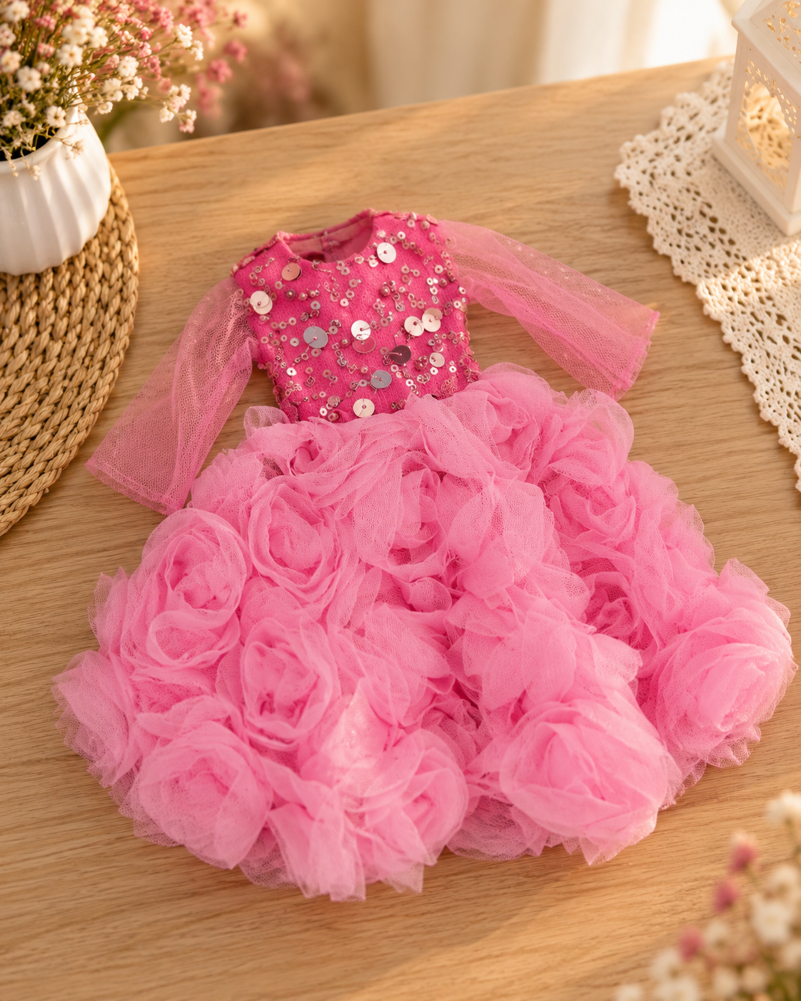 Rochie roz amplă cu trandafiri pentru păpușa Paola Reina 32 cm