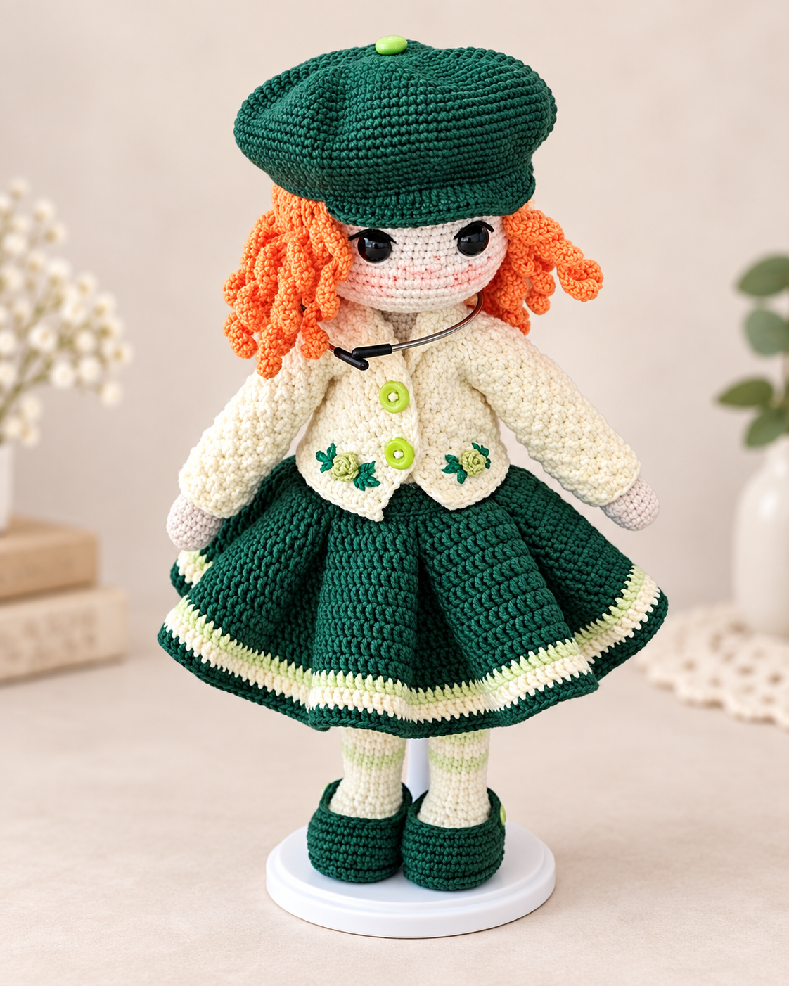 Handmade Crochet Art Doll in a Green Beret, 27 cm