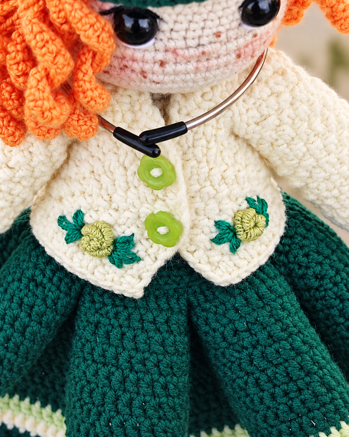 Handmade Crochet Art Doll in a Green Beret, 27 cm