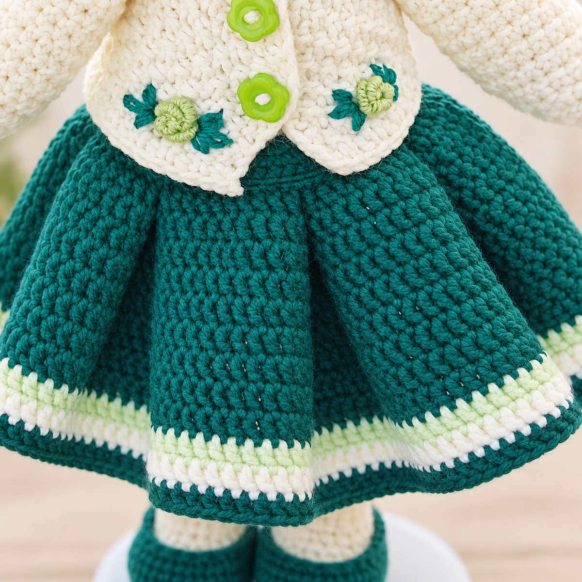 Handmade Crochet Art Doll in a Green Beret, 27 cm