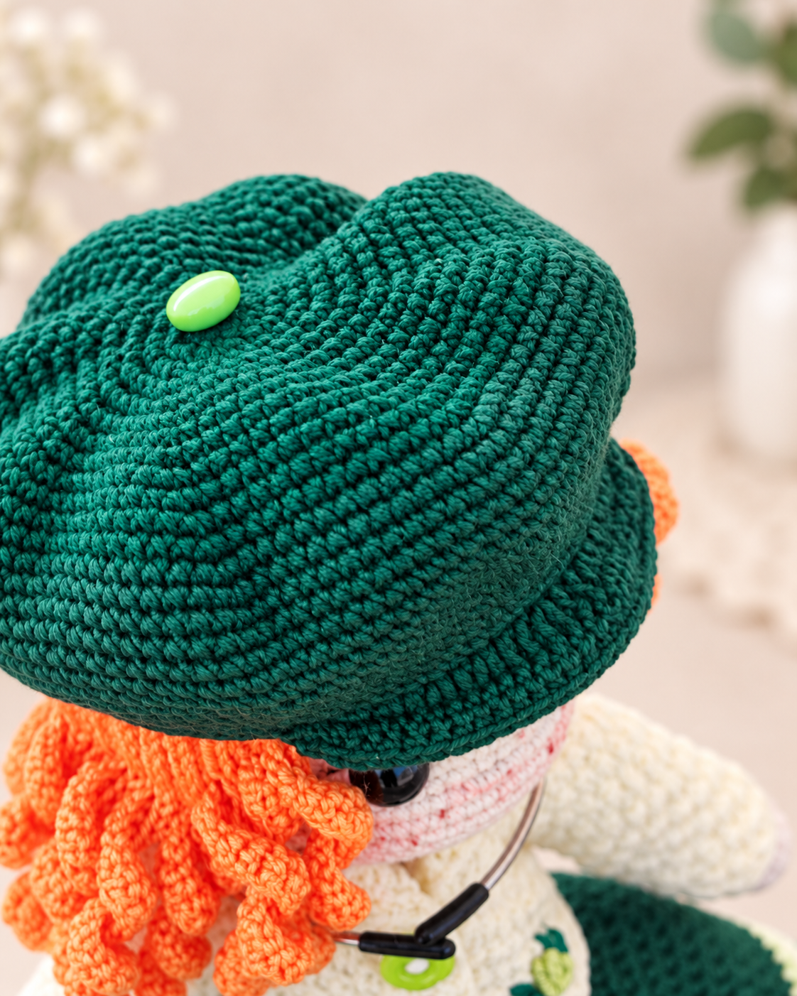 Handmade Crochet Art Doll in a Green Beret, 27 cm