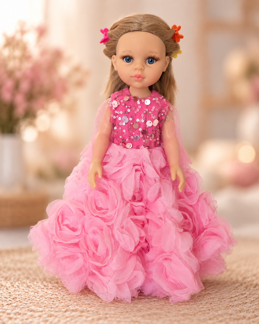 Rochie roz amplă cu trandafiri pentru păpușa Paola Reina 32 cm