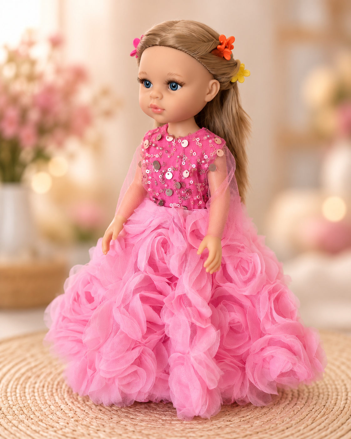 Rochie roz amplă cu trandafiri pentru păpușa Paola Reina 32 cm