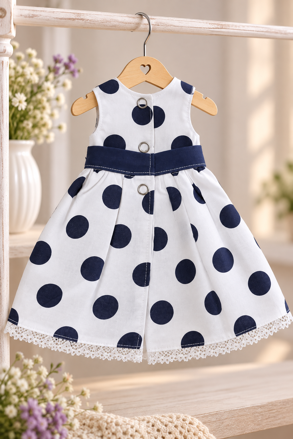 Handmade Doll Dress for Paola Reina 32 cm — White & Navy Polka Dot Dress