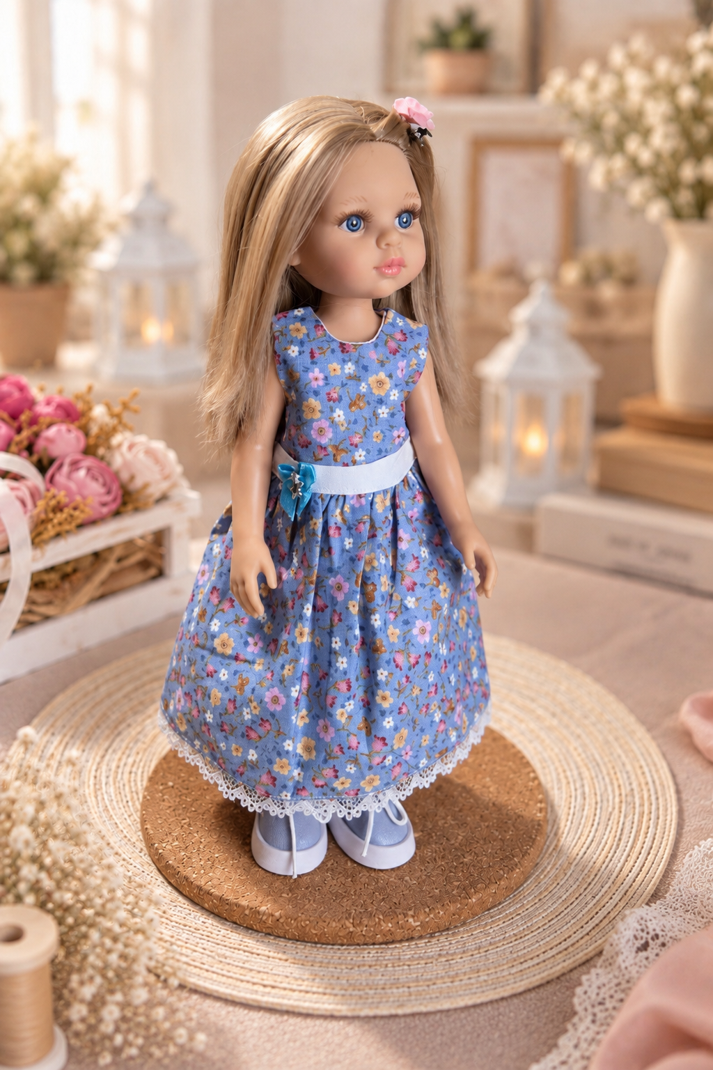 Rochie handmade pentru păpușa Paola Reina 32 cm — rochie albastră cu imprimeu floral mărunt