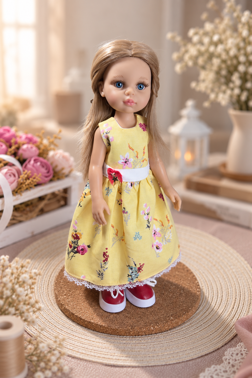 Handmade Doll Dress for Paola Reina 32 cm — Yellow Dress with Delicate Floral Print