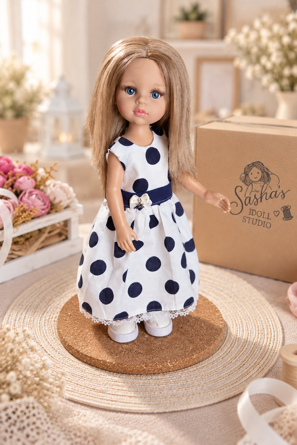 Handmade Doll Dress for Paola Reina 32 cm — White & Navy Polka Dot Dress