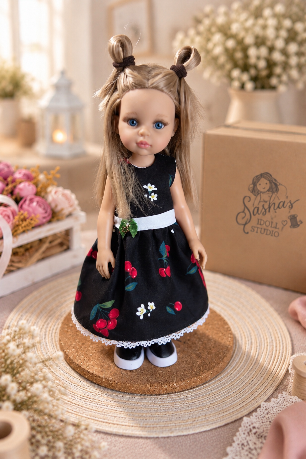 Rochie handmade pentru păpușa Paola Reina 32 cm — rochie neagră cu imprimeu de cireșe