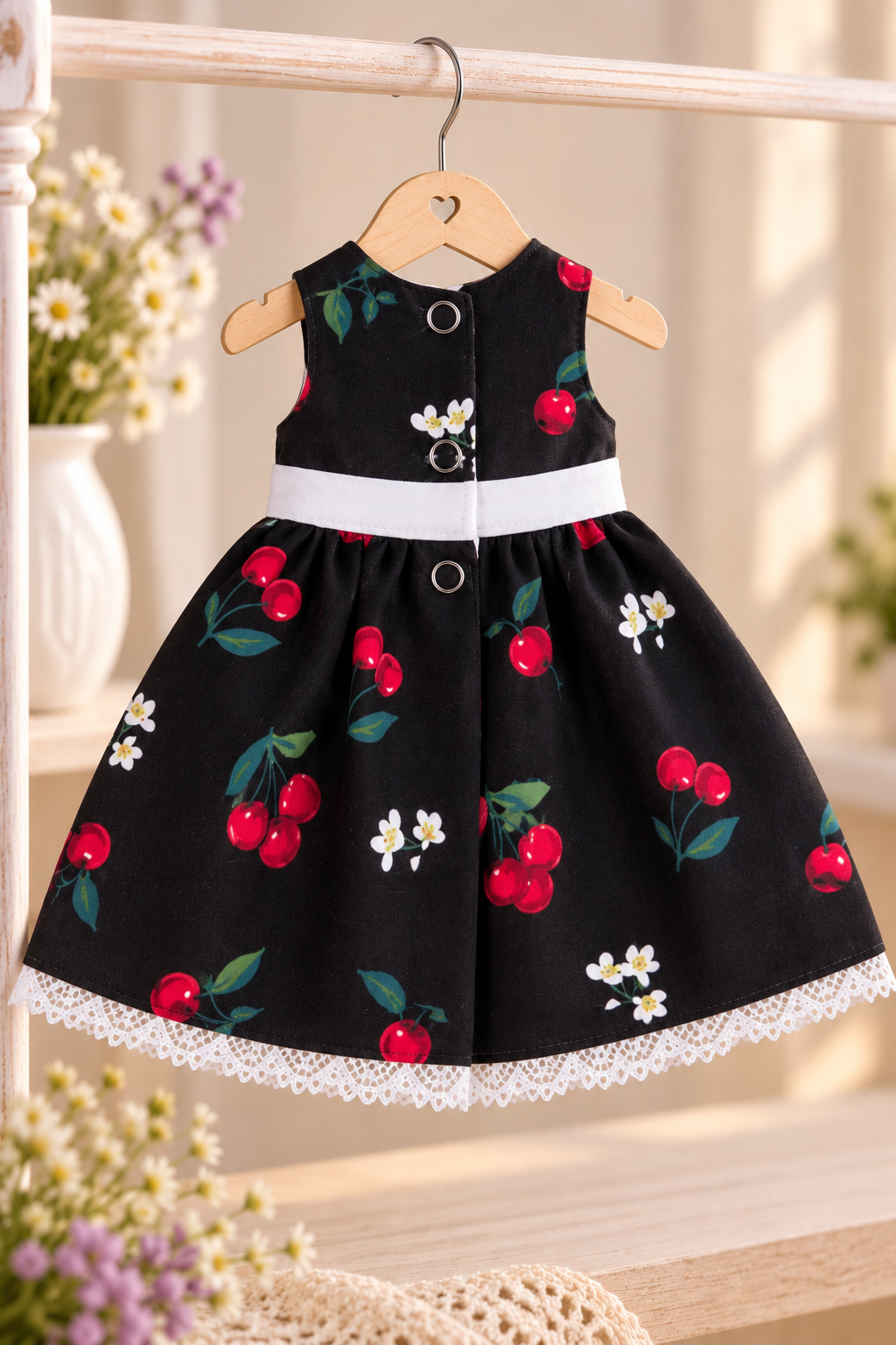 Rochie handmade pentru păpușa Paola Reina 32 cm — rochie neagră cu imprimeu de cireșe