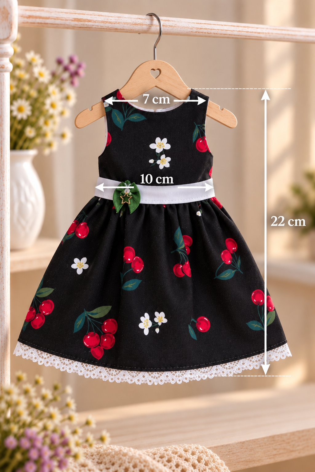 Rochie handmade pentru păpușa Paola Reina 32 cm — rochie neagră cu imprimeu de cireșe