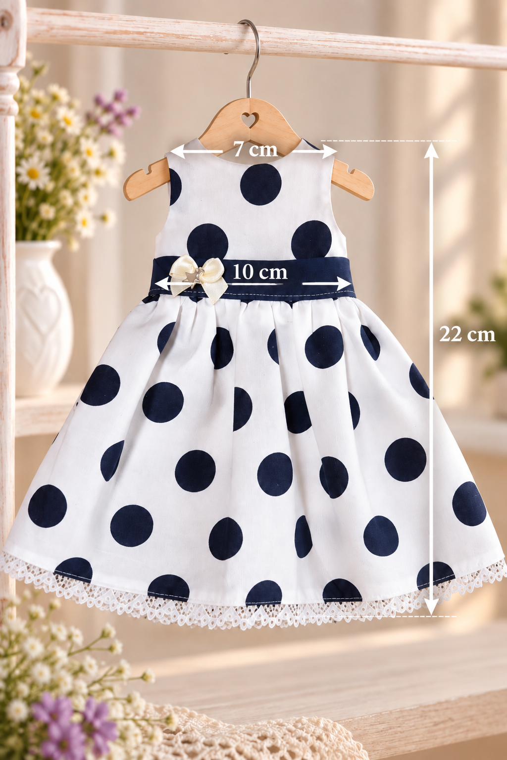 Handmade Doll Dress for Paola Reina 32 cm — White & Navy Polka Dot Dress