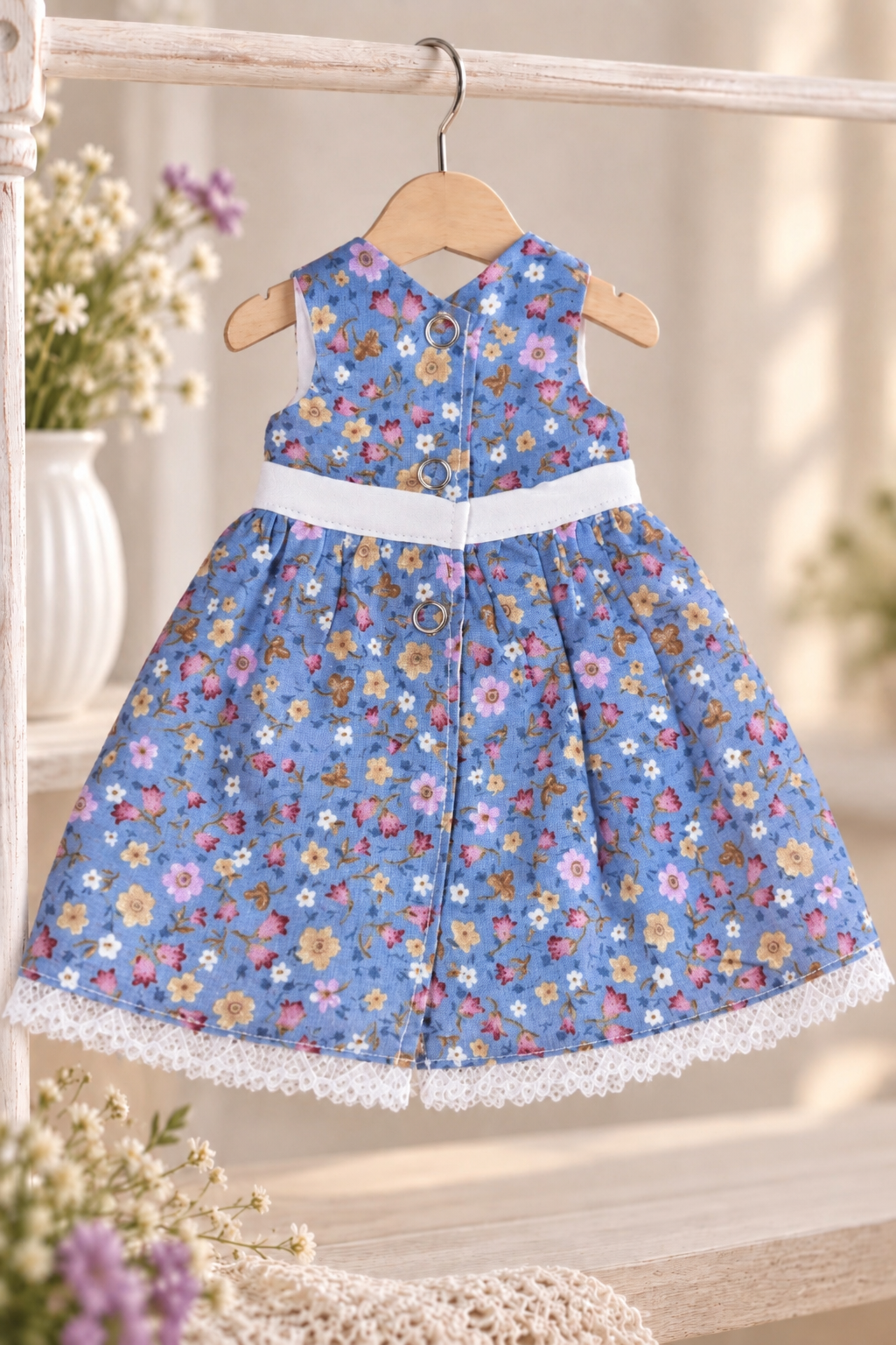 Rochie handmade pentru păpușa Paola Reina 32 cm — rochie albastră cu imprimeu floral mărunt