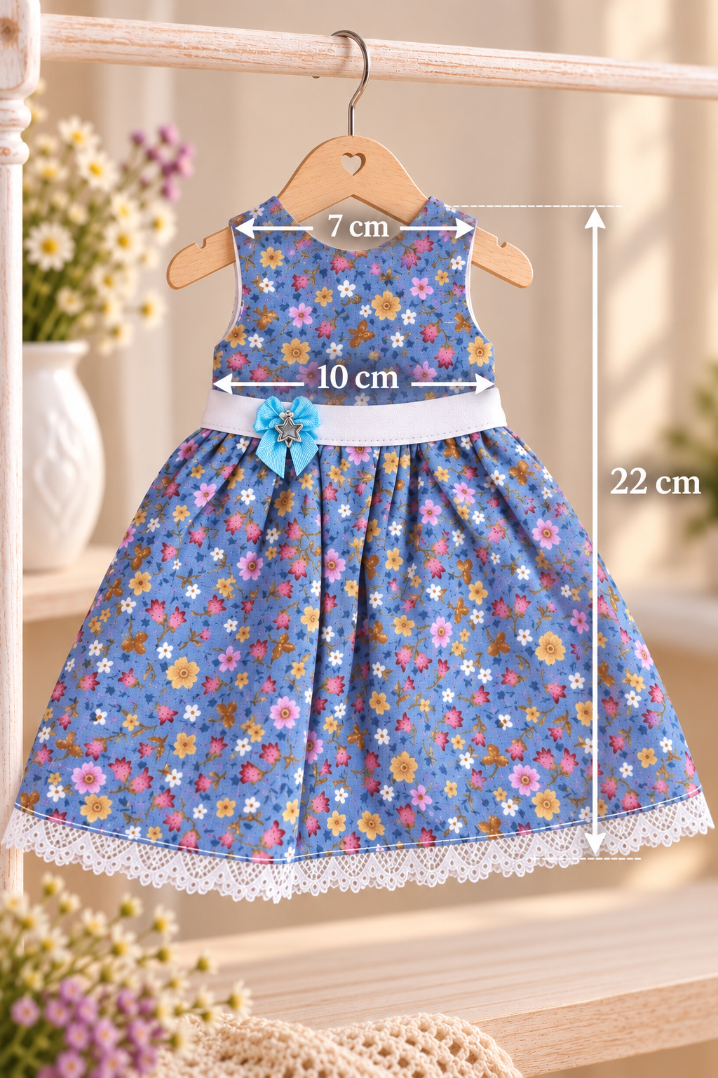 Rochie handmade pentru păpușa Paola Reina 32 cm — rochie albastră cu imprimeu floral mărunt