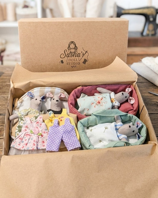 Mouse Family — Handmade Textile Play Set of 4 Mice with Clothes & Beds