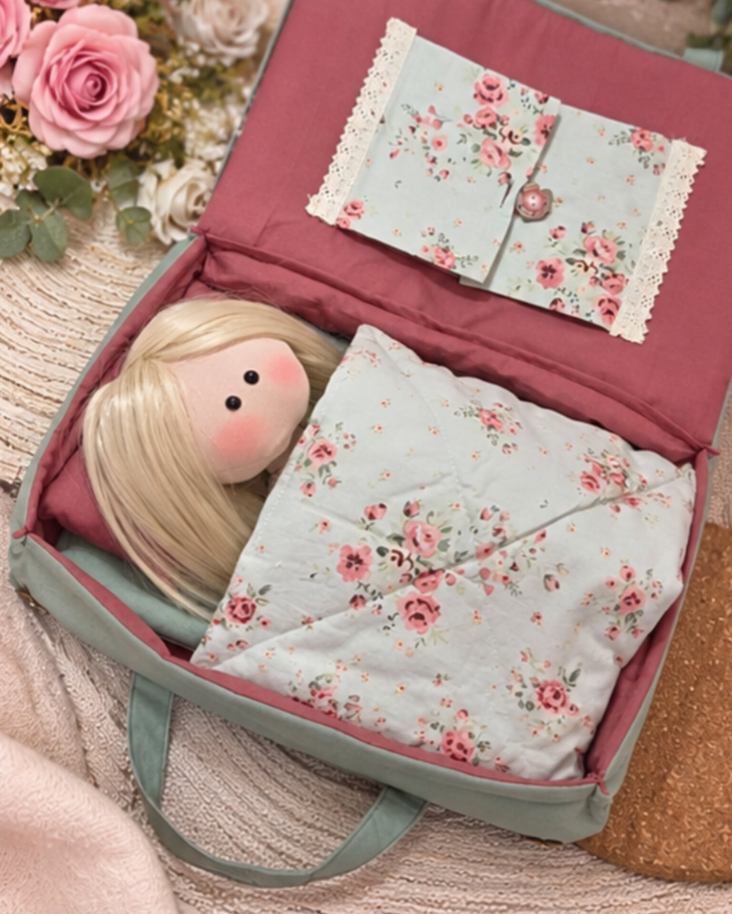 Handmade Fabric Doll Gift Set with Clothes, Bed & Travel Case – Complete Doll Playset for Girls