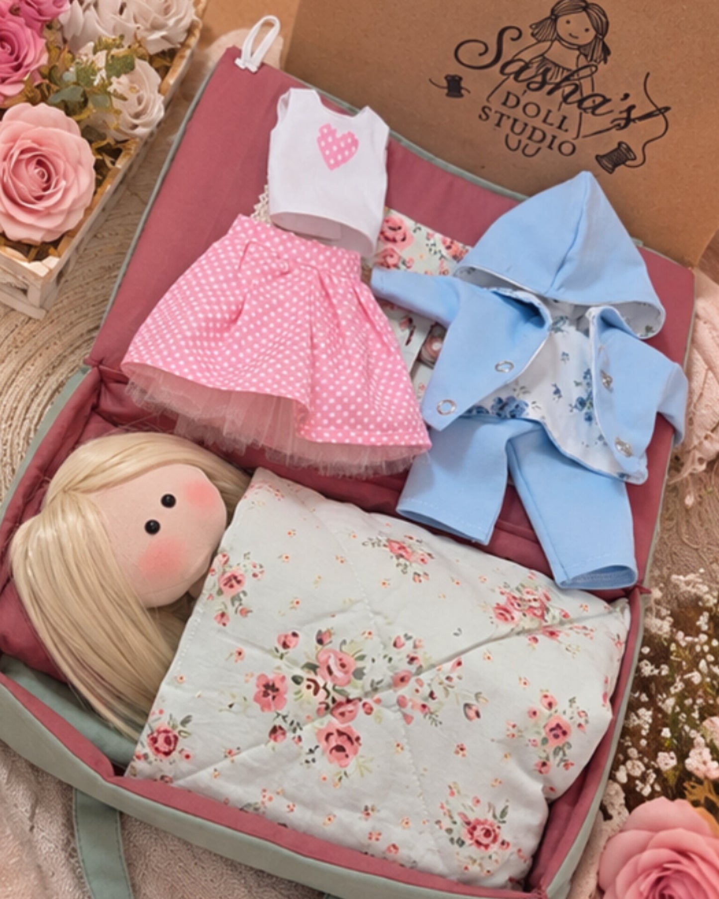 Handmade Fabric Doll Gift Set with Clothes, Bed & Travel Case – Complete Doll Playset for Girls