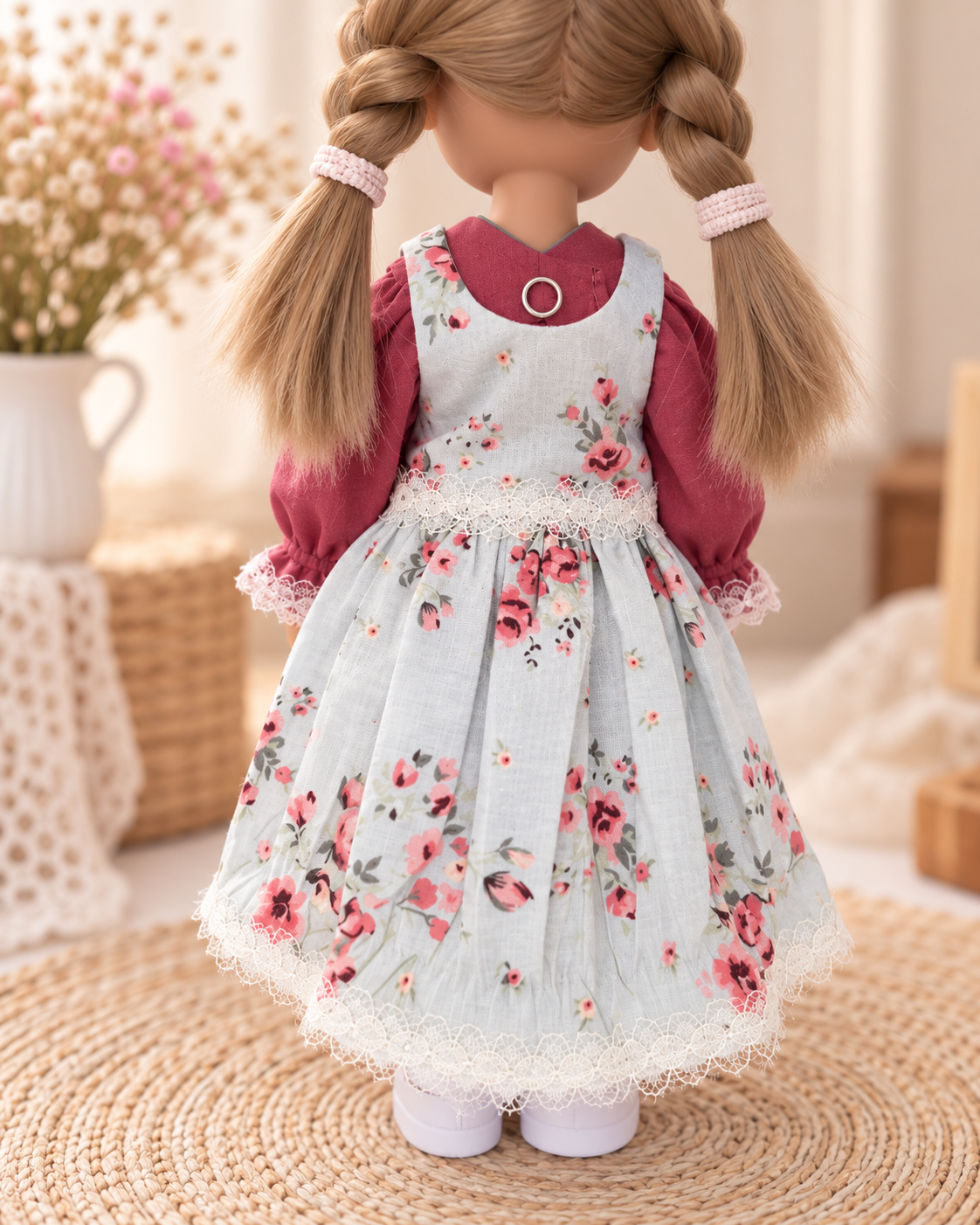 Set vintage pentru păpușa Paola Reina 32 cm — rochie cu șorț floral