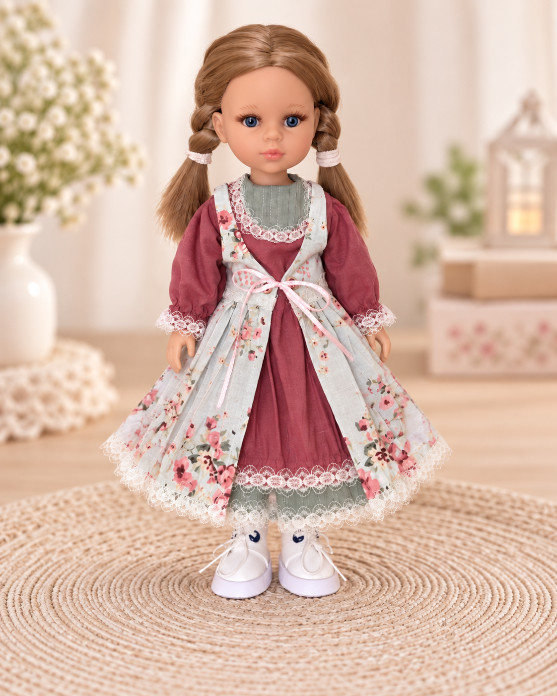 Set vintage pentru păpușa Paola Reina 32 cm — rochie cu șorț floral