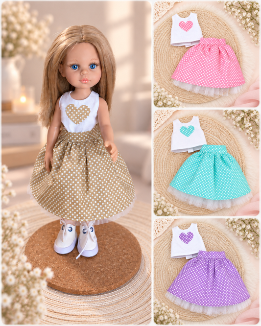 Set de haine pentru păpușa Paola Reina 32 cm — fustă cu tul și top, 4 culori