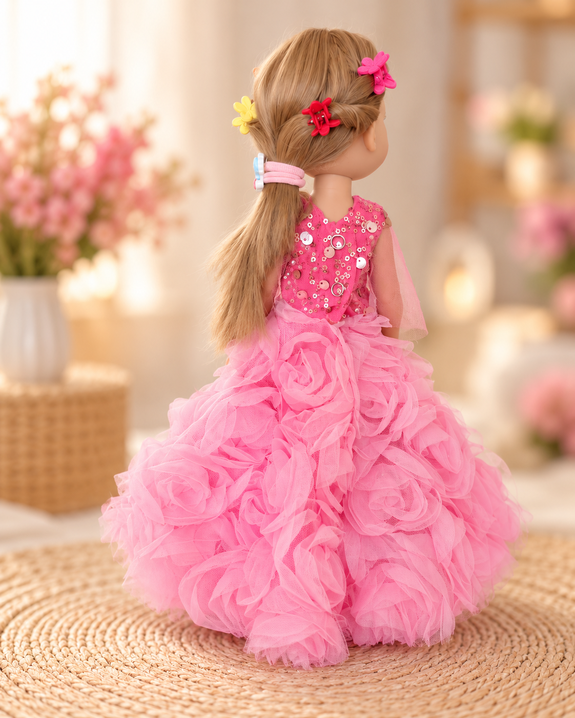 Rochie roz amplă cu trandafiri pentru păpușa Paola Reina 32 cm