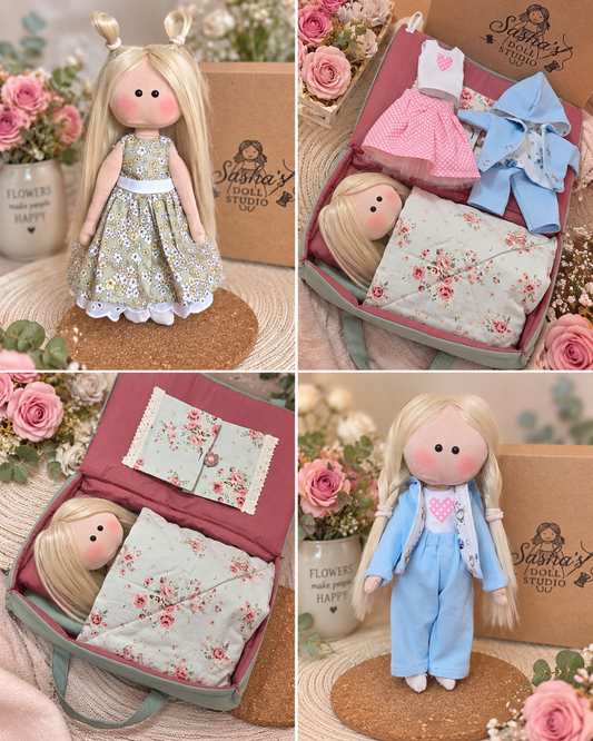 Handmade Fabric Doll Gift Set with Clothes, Bed & Travel Case – Complete Doll Playset for Girls