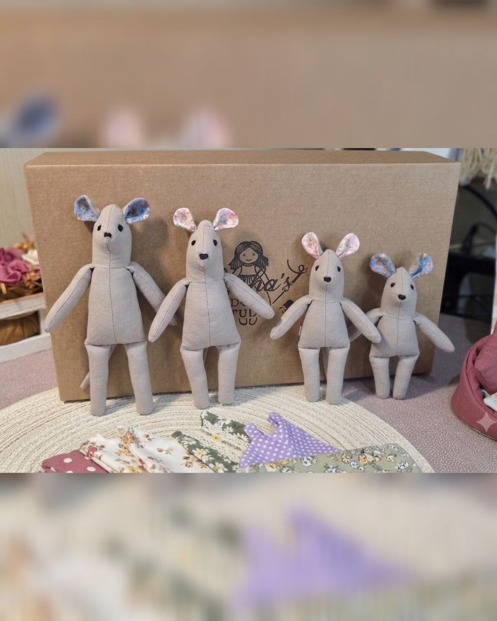 Mouse Family — Handmade Textile Play Set of 4 Mice with Clothes & Beds
