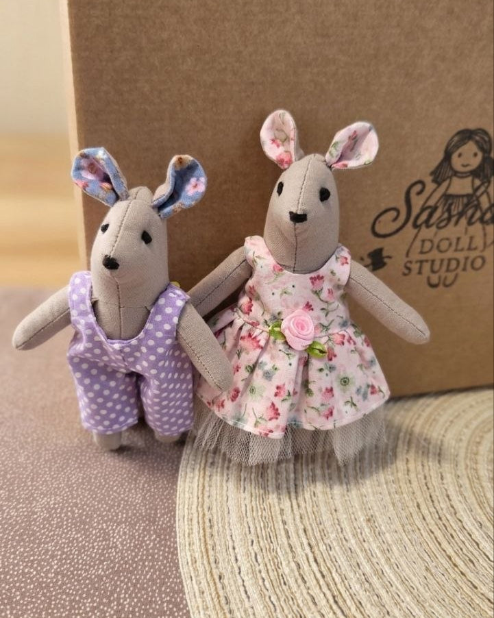 Mouse Family — Handmade Textile Play Set of 4 Mice with Clothes & Beds