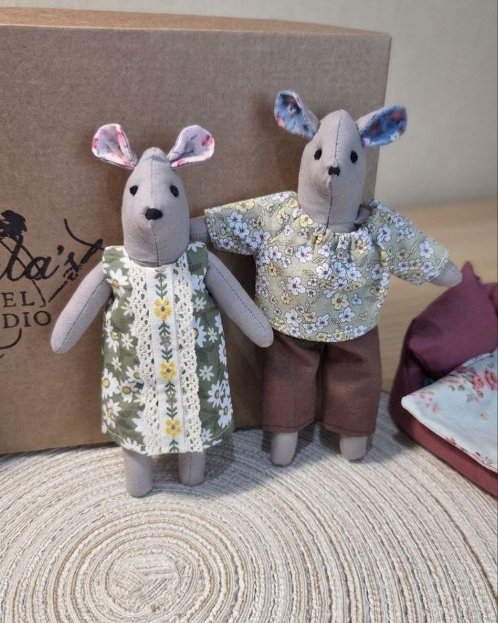 Mouse Family — Handmade Textile Play Set of 4 Mice with Clothes & Beds