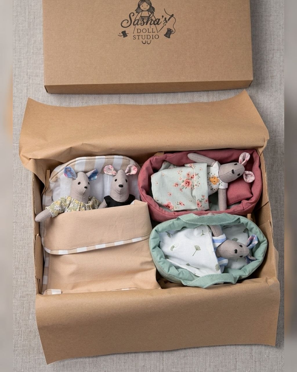 Mouse Family — Handmade Textile Play Set of 4 Mice with Clothes & Beds