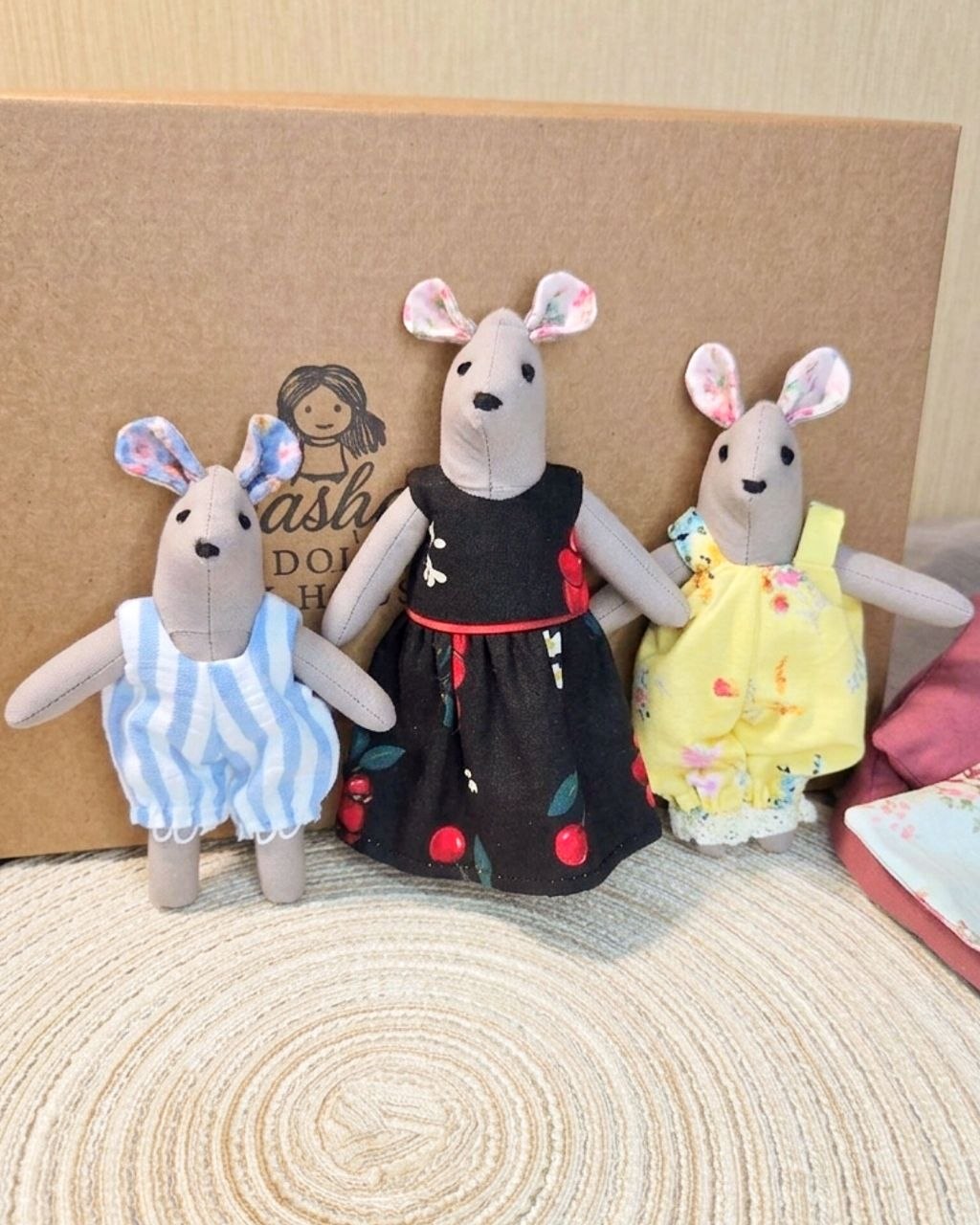 Mouse Family — Handmade Textile Play Set of 4 Mice with Clothes & Beds